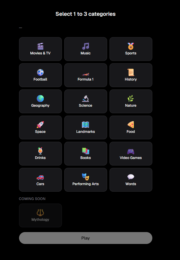 Category picker showing Movies & TV, Music, Sports, Football, Formula 1, History, Geography, Science, Nature, Space, Landmarks, Food, Drinks, Books, Video Games, Cars, Performing Arts, Words, and Mythology marked coming soon.
